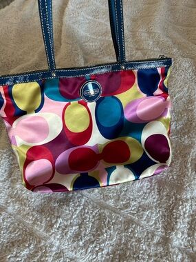 Coach Multicolor Circle-Print Tote with Navy Trim